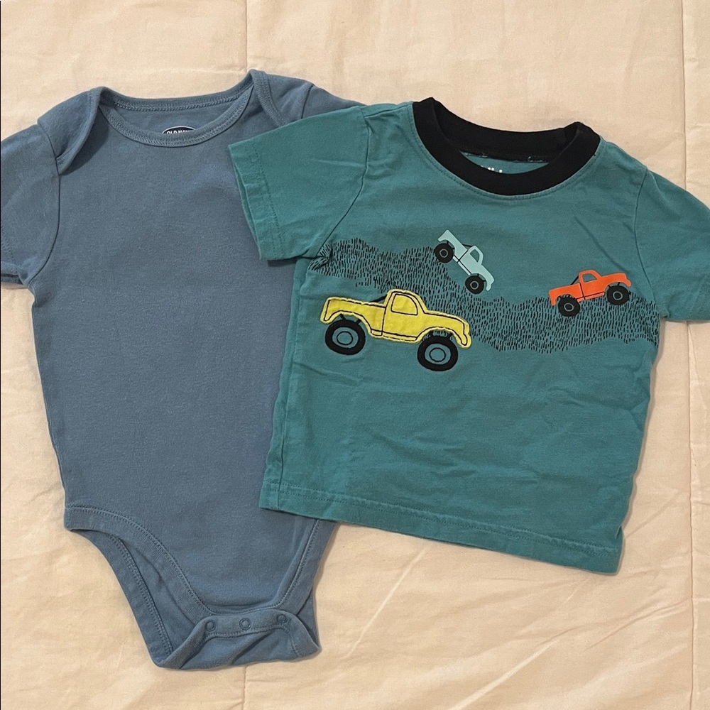 Old Navy Cotton Solid Blue Onesie and Carter’s Teal Trucks PJ Top